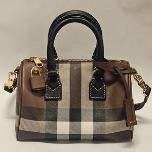 Burberry Mini Check Bowling Bag Brown Plaid Purse Shoulder Crossbody Bag